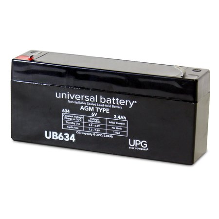 UPG Sealed Lead Acid Battery, 6 V, 3.4Ah, UB634, F1 (Faston Tab) Terminal, AGM Type D5732